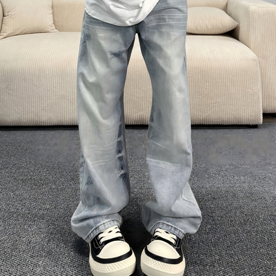 阿叔潮牌 美式高街做旧破洞直筒牛仔裤男款夏季透气百搭宽松裤子