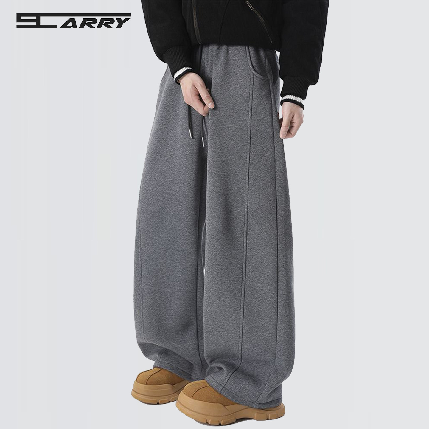 纯色结构拼接加绒宽松休闲卫裤