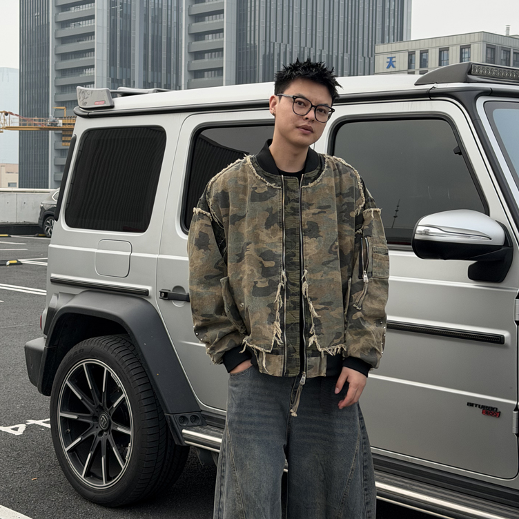 阿叔潮牌 美式迷彩牛仔夹克外套男秋冬加绒水洗百搭宽松休闲棉服