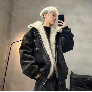 阿叔潮牌狼王座山雕立领pu皮棉服外套男冬季保暖百搭宽松棉衣夹克