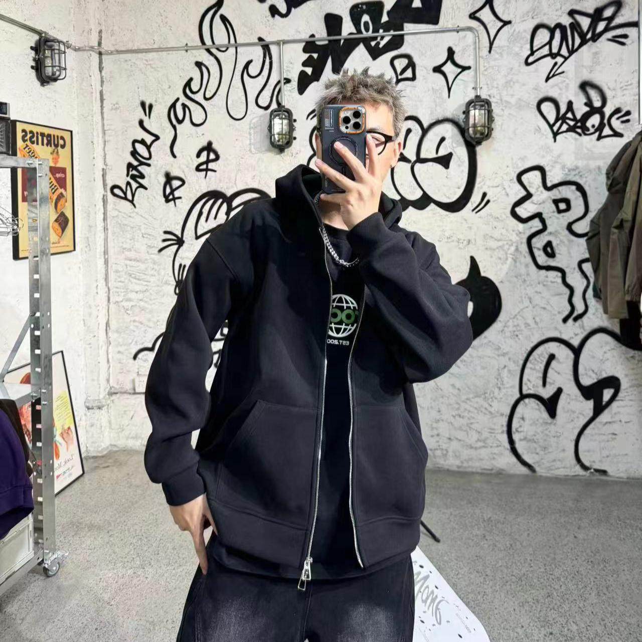 阿叔潮牌 纯色秋冬德绒保暖连帽开衫卫衣百搭休闲宽松夹克外套
