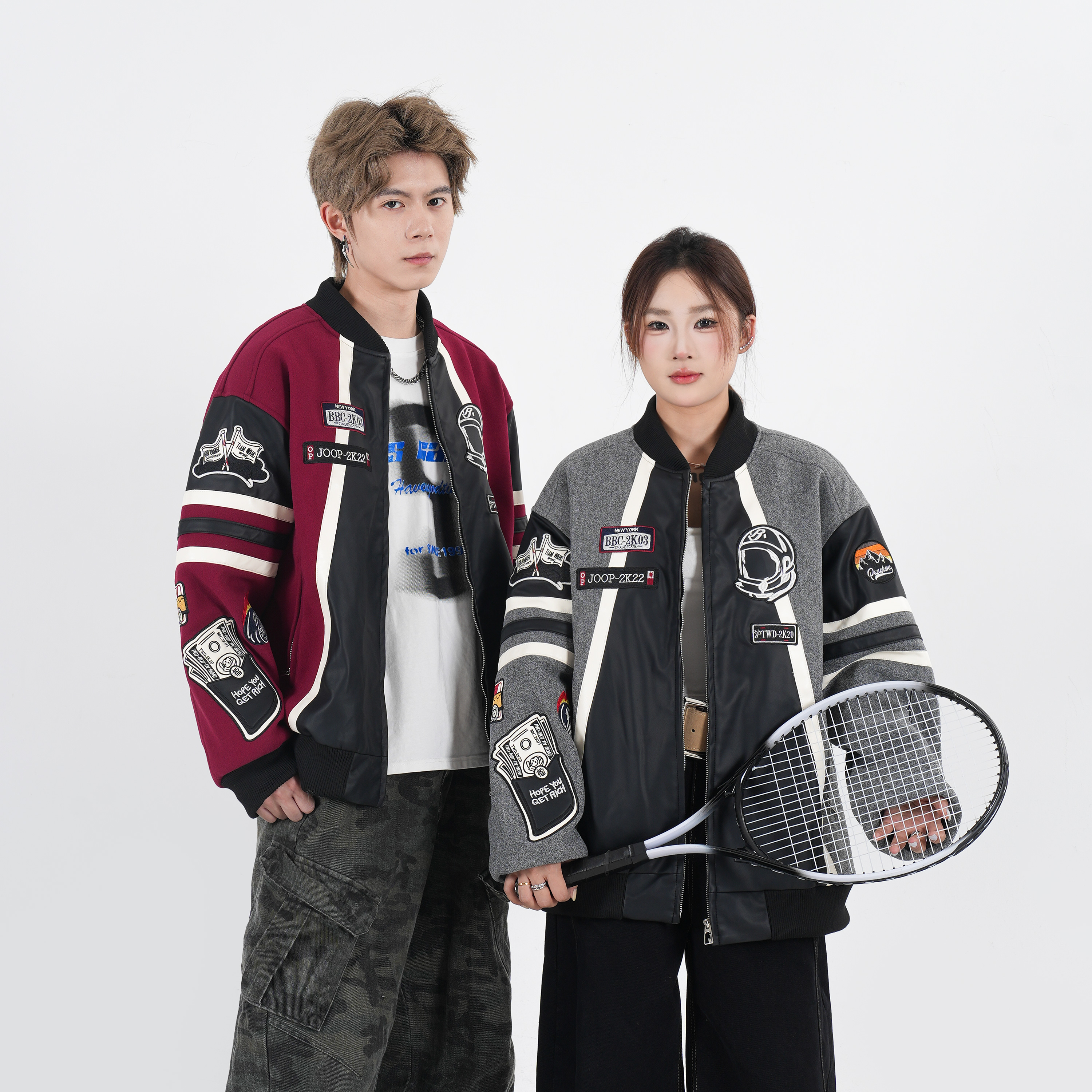 拼接皮衣机车服加绒棒球服外套