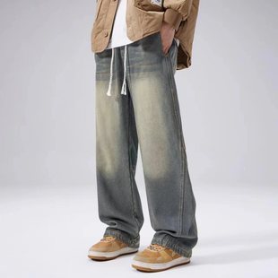 阿叔潮牌 美式复古水洗擦白直筒牛仔裤男款系绳休闲宽松百搭裤子