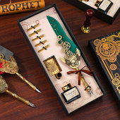 朋克机械洒金羽毛蘸水笔套装 哈利波特欧式 复古风钢笔礼盒笔座墨水墨囊机械之心英伦风鹅毛笔生日礼物教师节