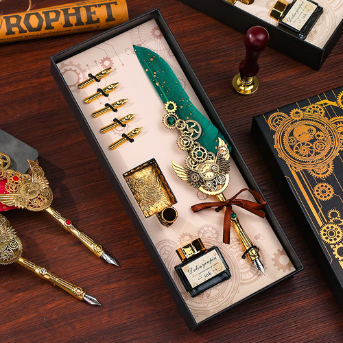 创意实用金属复古羽毛钢笔8件套