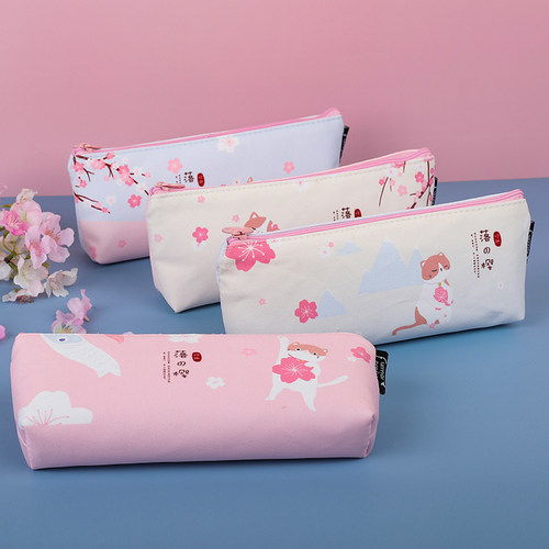 落樱帆布文字多功能大容量笔袋