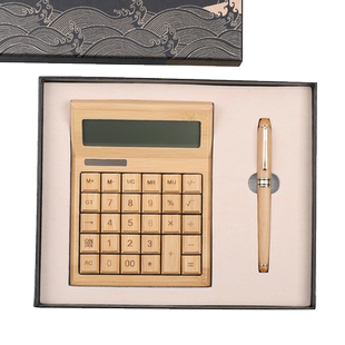 创意复古风竹子计算器礼盒 实木小号定制LOGO刻字 时尚大号竹木计算机器太阳能开店铺办公财务会计专用大按键