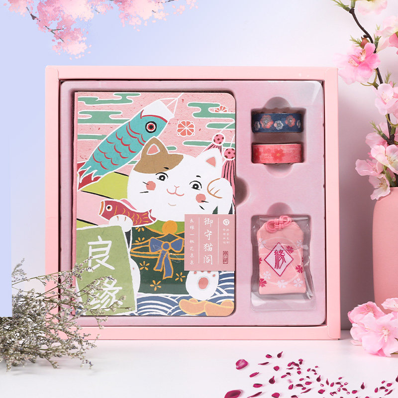日式和风御守猫阁记事本礼盒招财猫手账本小清新少女心笔记本子可爱加厚日记手帐本学生用创意礼物送老师同学