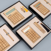 大号竹木计算机器太阳能开店铺办公财务会计专用大按键 时尚 创意复古风竹子计算器礼盒 实木小号定制LOGO刻字