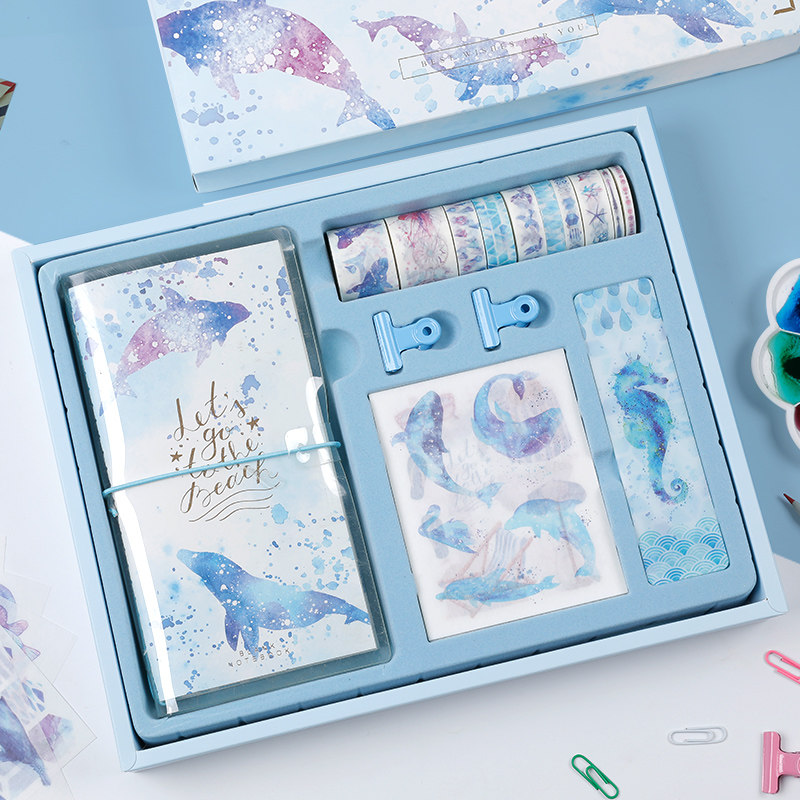 小清新手账本笔记本礼盒套装胶纸书夹创意韩版手帐本方格可爱彩页加厚记事本子计划本日记本送老师同学小礼物