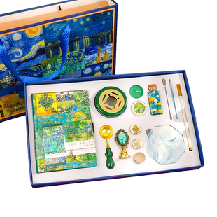 韵轩梵高油画手账本礼盒套装精装彩页插画笔记本子文艺复古油画儿童火漆印章全套多头印章请柬信封封口密封蜡