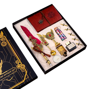 韵轩欧式复古笔记本子礼盒牛皮纸内页手账本文艺古风记事本朋克机械洒金羽毛钢笔哈利波特火漆印章教师节礼物