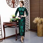 中年妈妈妈妈冬装 修身 旗袍喜婆婆复古礼服 加厚金丝绒婚宴装 大码