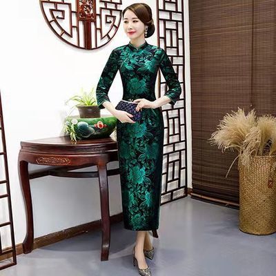 加绒加厚长款修身妈妈冬装旗袍