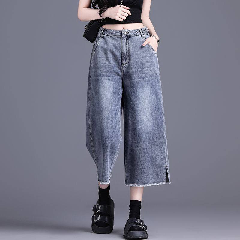 夏季新款直筒阔腿七分牛仔裤高腰显瘦毛边浅色大码休闲牛仔裤裤女