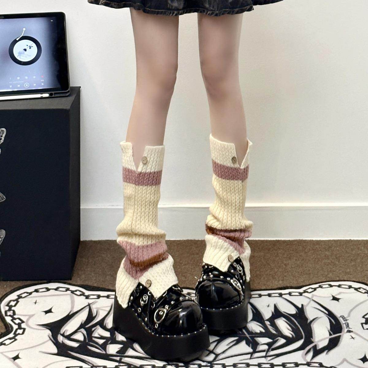 腿套女秋冬款保暖复古jk小腿袜毛线针织袜套拼色显瘦堆堆袜子辣妹