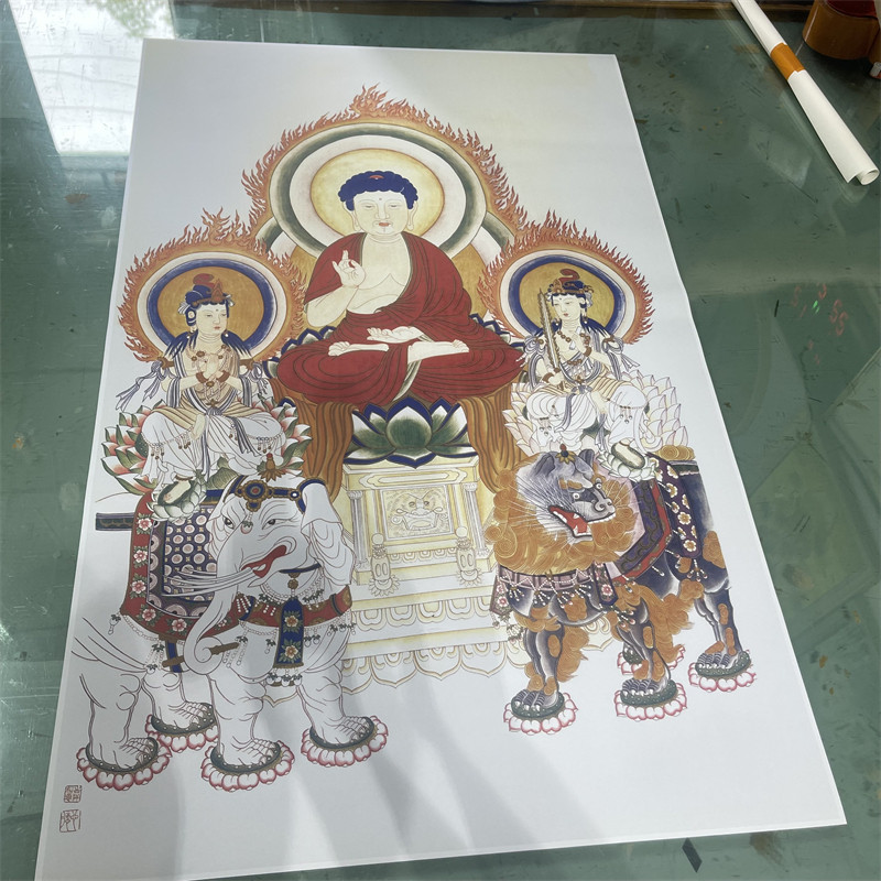 华严三圣三尊工笔菩萨佛画