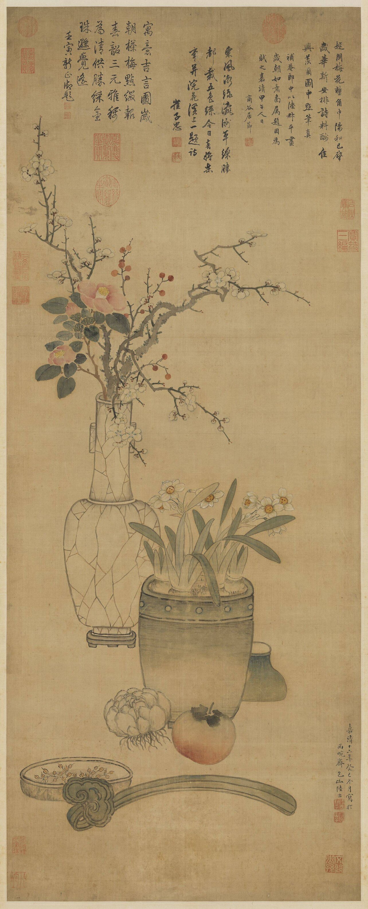 明 陆治岁朝图名家梅花水仙工笔国画立轴微喷复制品寓意装饰挂画