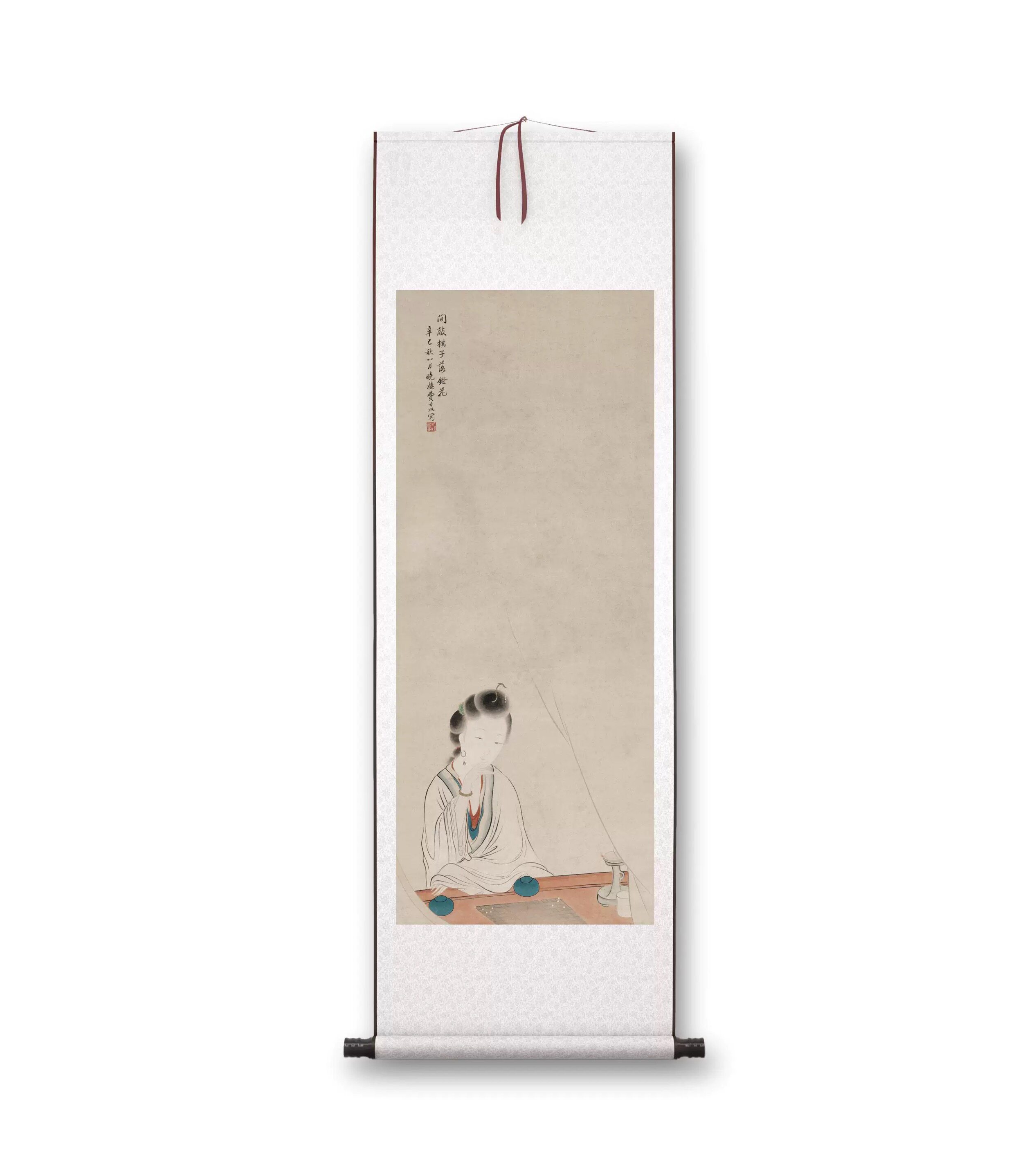 清  费丹旭闲敲棋子仕女图下棋对弈国画仿古字画高清微喷复制临摹