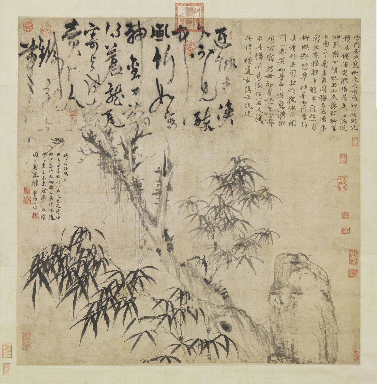 元代 顾安古木竹石图 名家斗方画墨竹图高清微喷复制临摹学习画稿