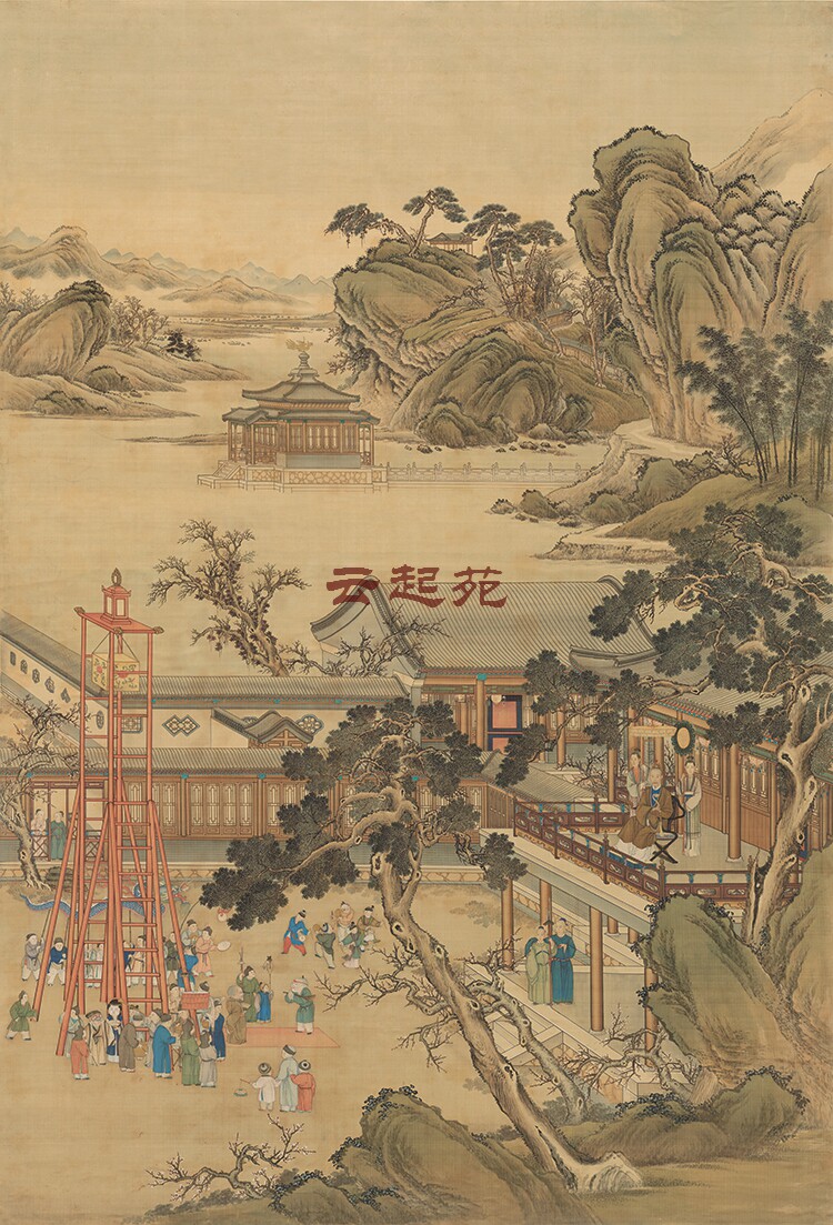 清郎世宁行乐图 高清绢布微喷国画 挂轴装裱定制