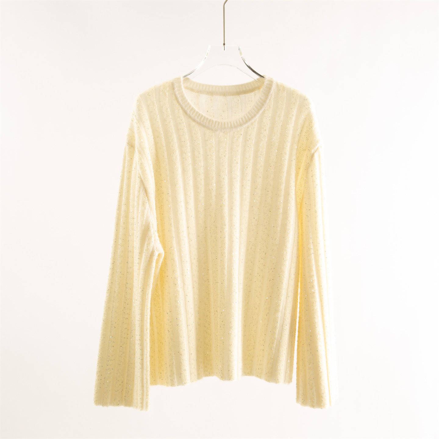 欧美订单秋季100山羊绒长袖圆领针织套衫竖条纹亮片宽松洋气毛衣