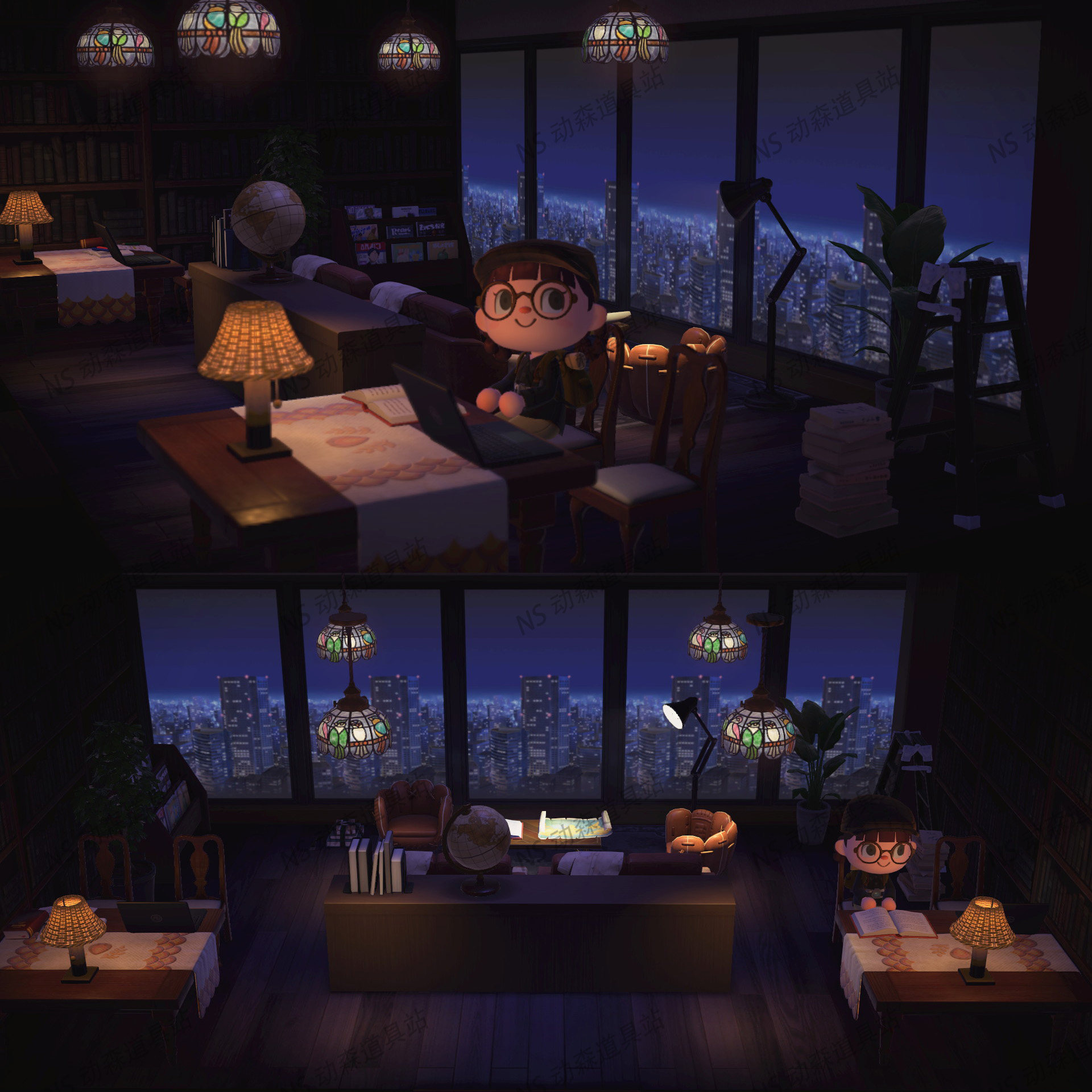 动森豪华顶层夜景书房家具室内装修设计道具资源素材36件