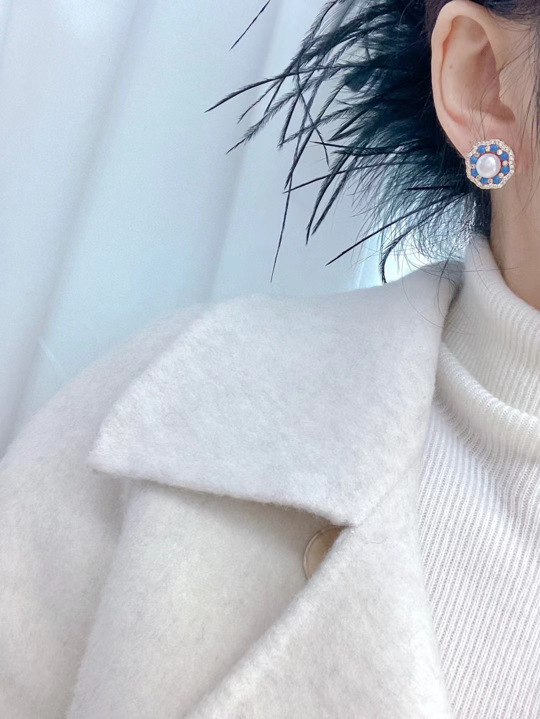 名媛优雅宫廷重工绿松石配色搭配天然淡水珍珠耳钉气质优雅款