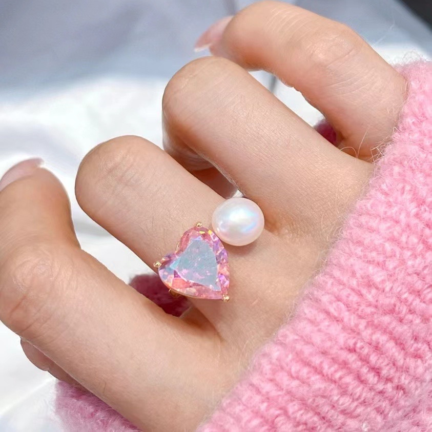 珍珠戒指甜美粉钻心形开口天然淡水珍珠天然淡水珍珠 开口可调节