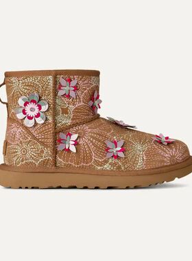UGG女鞋雪地靴套筒短靴刺绣Classic Mini花卉棉鞋羊毛里户外保暖