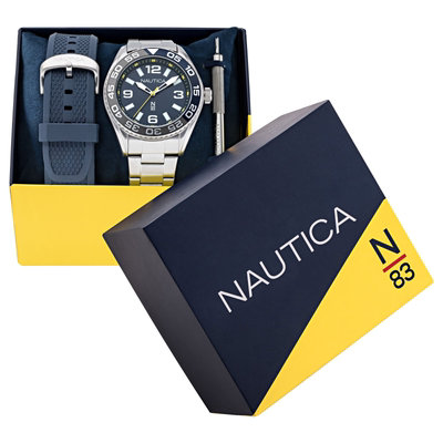 nautica/诺帝卡男表时尚腕表套装菲恩世界不锈钢硅胶带大表盘