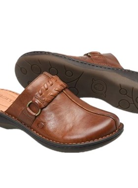 Born/博仁女拖鞋牛皮包头中跟方跟百搭简约春夏复古棕正品F58116