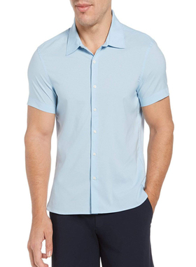 Perry Ellis男士衬衫纯棉方领短袖纯色商务透气春夏正品P20905Y