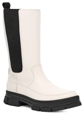 UGG女士防水靴子白色高筒切尔西靴皮革鞋面方跟防滑含羊毛音乐节