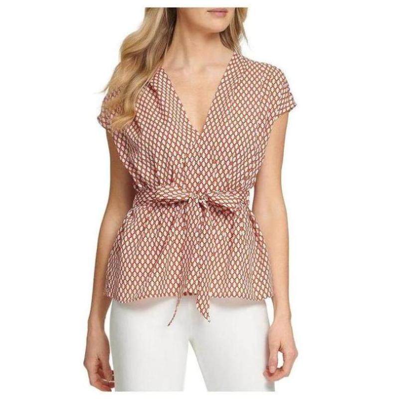 dkny/唐可娜儿女士雪纺衫v领印花收腰滑肩袖夏季正品20172023