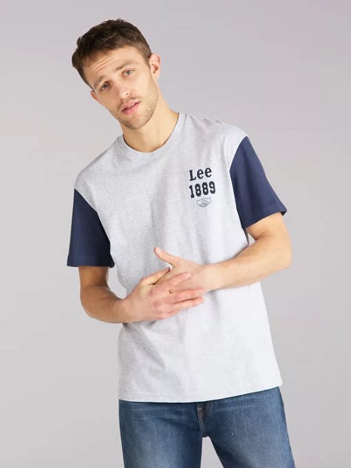 lee/李男纯棉t恤圆领短袖拼接色透气夏季时尚舒适百搭正品l068e