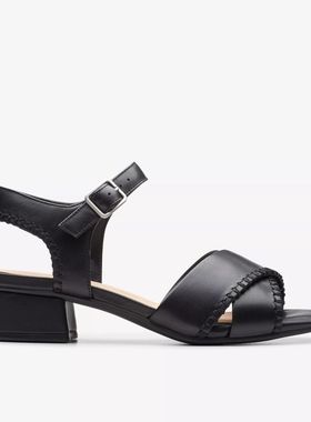 clarks/其乐女鞋高跟凉鞋皮鞋针扣交叉带SERINA黑色方头方跟3.5cm