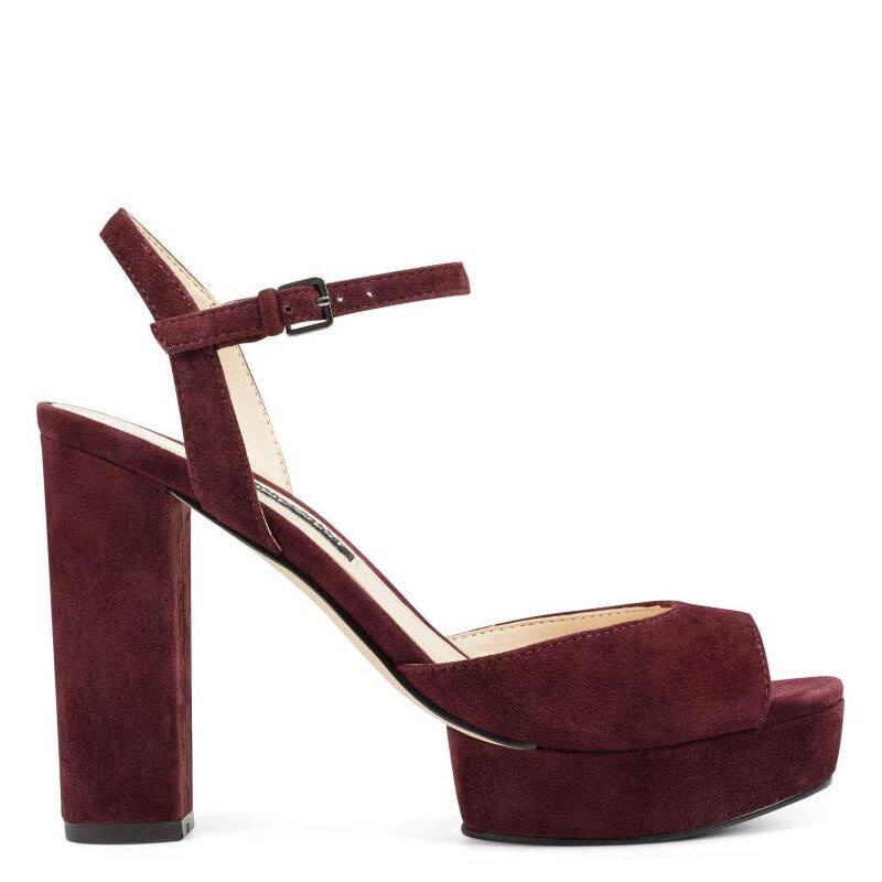 nine west/玖熙女凉鞋酒红反绒露趾高跟粗跟正品716182