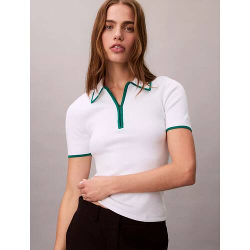 Calvin Klein女士polo衫CK短袖V字领拉链半袖职场女装优雅棉质