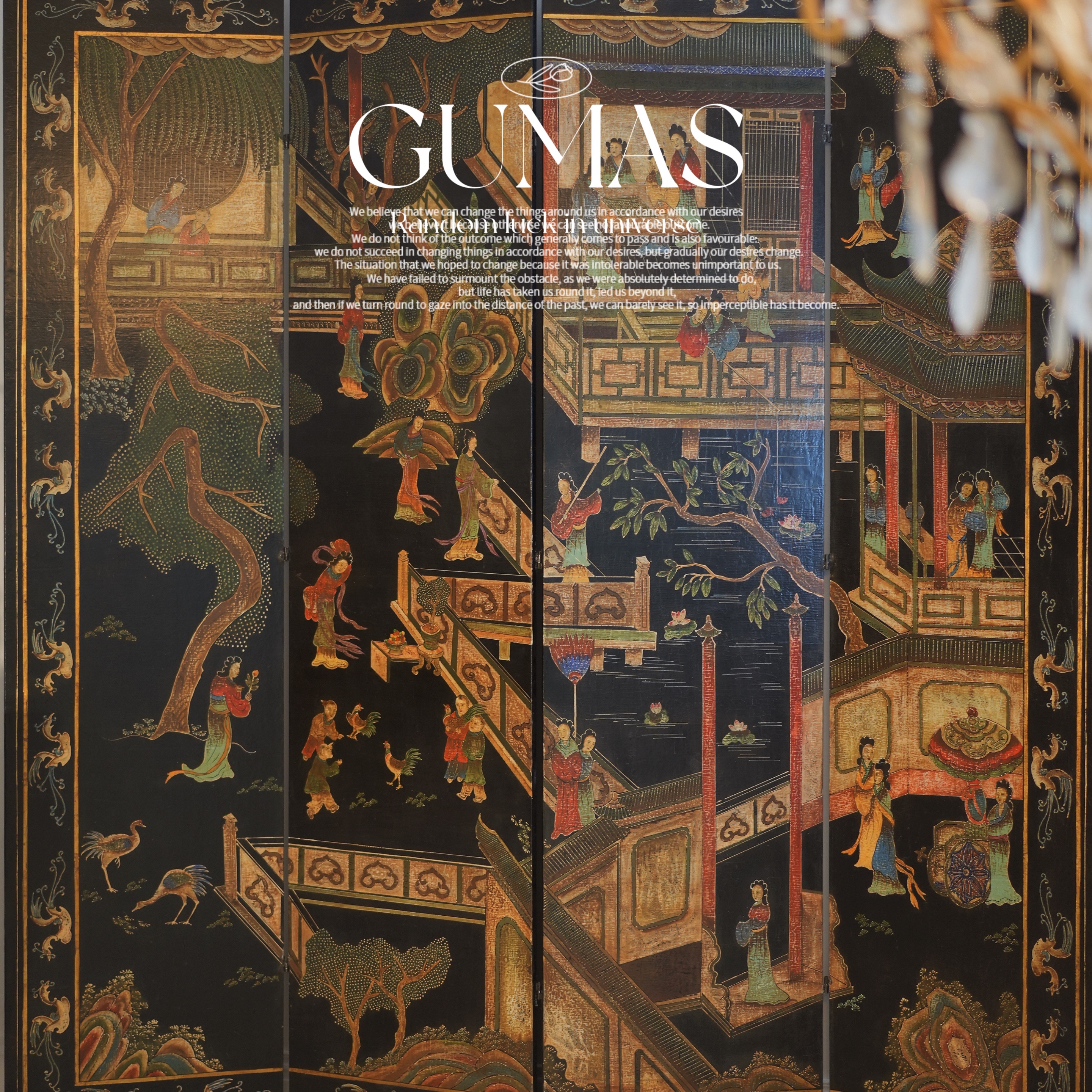 GUMAS家居纯手工制作彩绘屏风法式中国风漆画折屏新中式屏风隔断