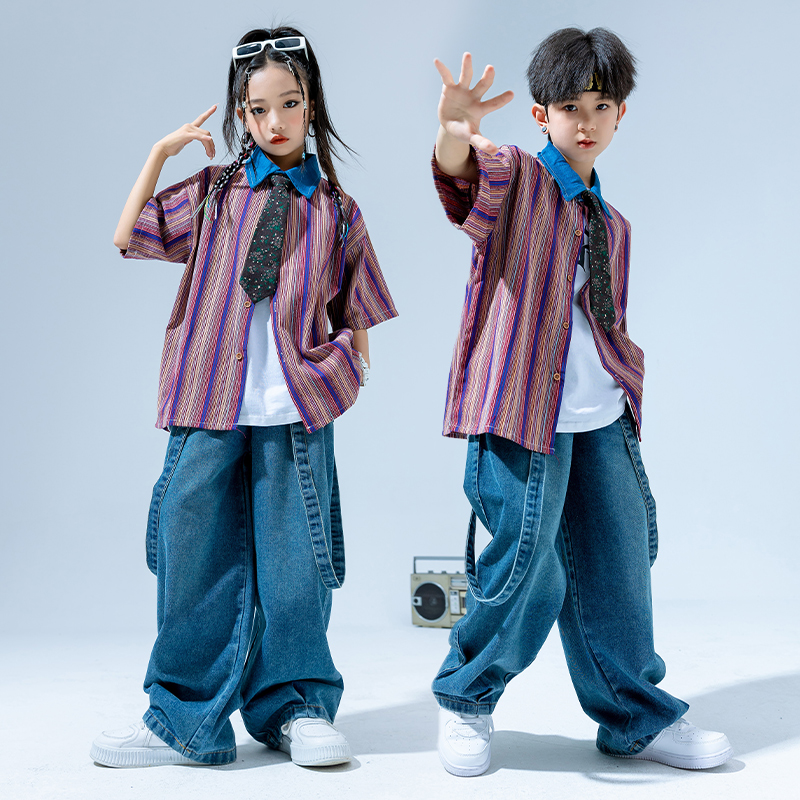 儿童街舞潮服男童短袖衬衫牛仔裤套装女童嘻哈演出服夏天酷帅潮装