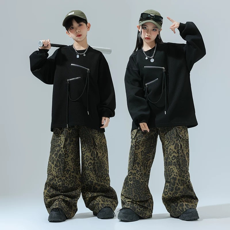 儿童街舞嘻哈演出服套装hiphop架子鼓豹纹工装裤潮服男女童爵士舞