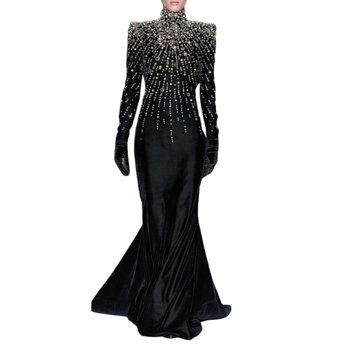 rokkihu高定水钻丝绒鱼尾礼服裙