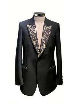 ROKKIHU 黑色单排扣西装外套金色涂鸦刺绣戗驳领轻奢宴会定制礼服