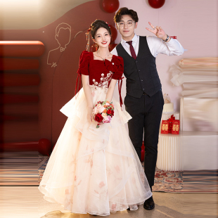 轻奢小众订婚高级回门晚礼服裙女 酒红色新中式 大码 敬酒服新娘新款