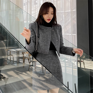 新品女韩版仿羊毛套装时尚修身外套百搭流行气质工装短款毛呢