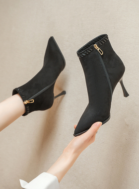 85773【8厘米】法式时装靴高跟单靴秋冬裸靴时尚尖头细跟显瘦短靴