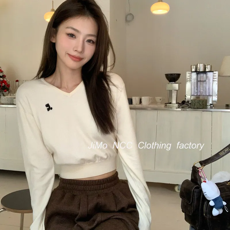 甜辣风高腰修身简约V领针织衫