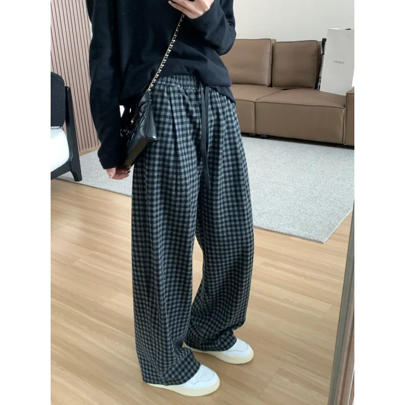 复古细格子直筒裤气质通勤黑灰