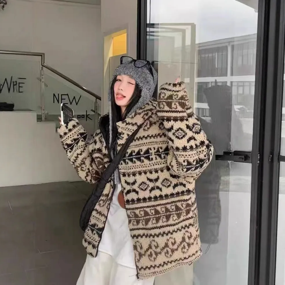 费尔岛羊羔毛外套女美式复古